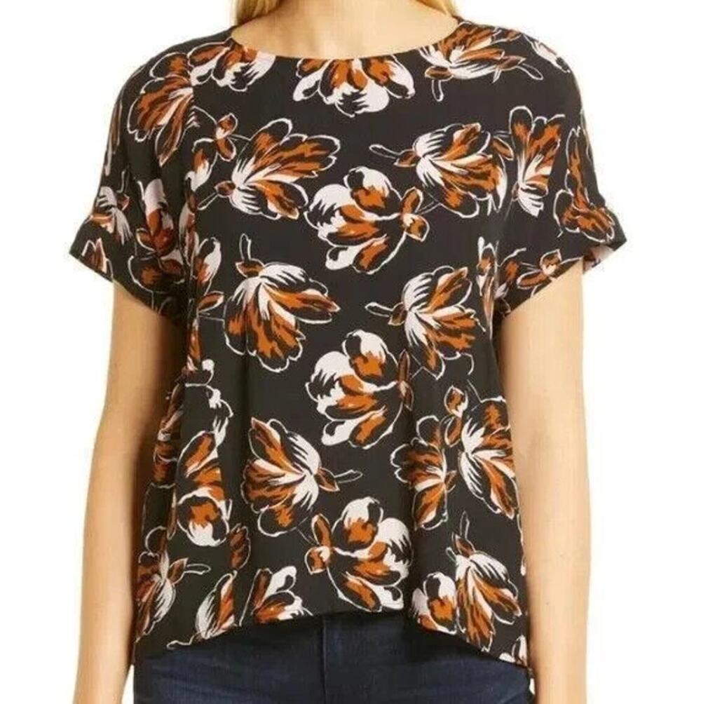 MADEWELL Womens Shirred Top Small Black Duskblossom Floral Short Sleeve NWOT